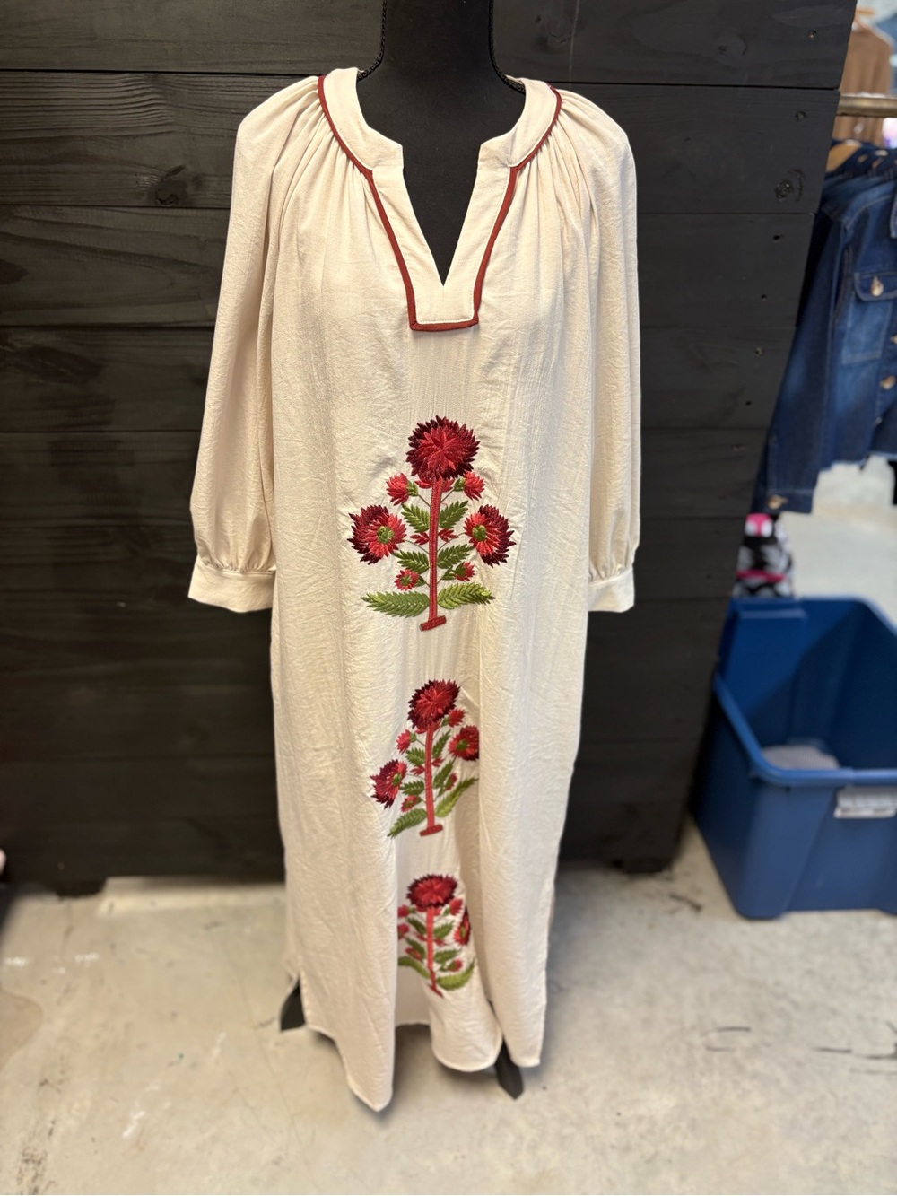 entro Cream Maxi Dress with Red Floral Embroidery